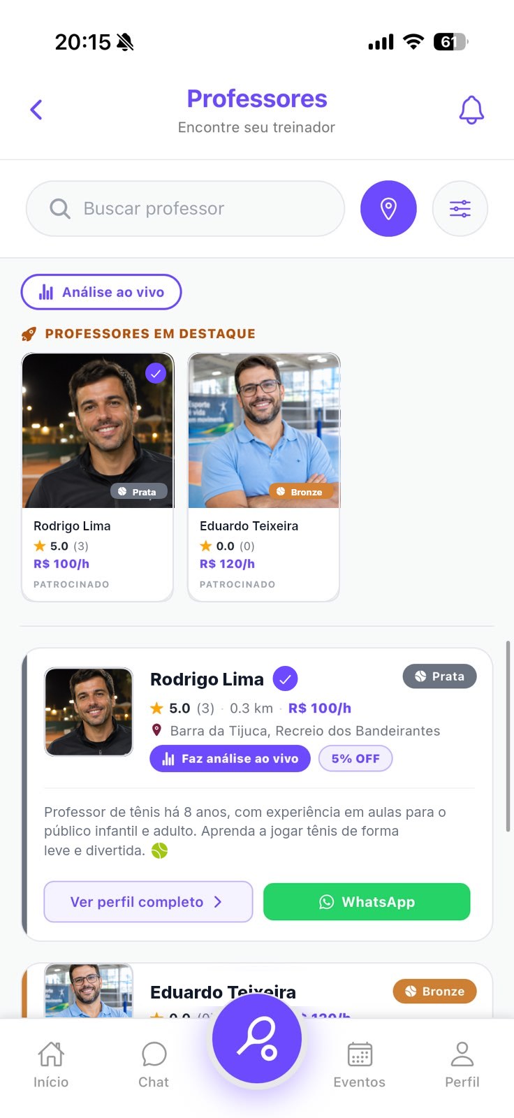 Lista de professores de tênis em destaque
